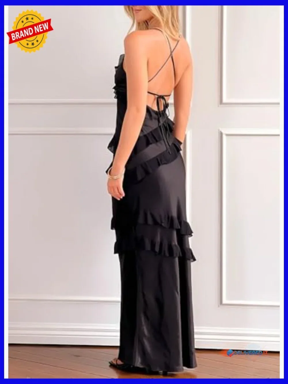 Satin Maxi Dress V-Neck Ruffle Backless Formal Wedding Guest - Picture 2 of 6
